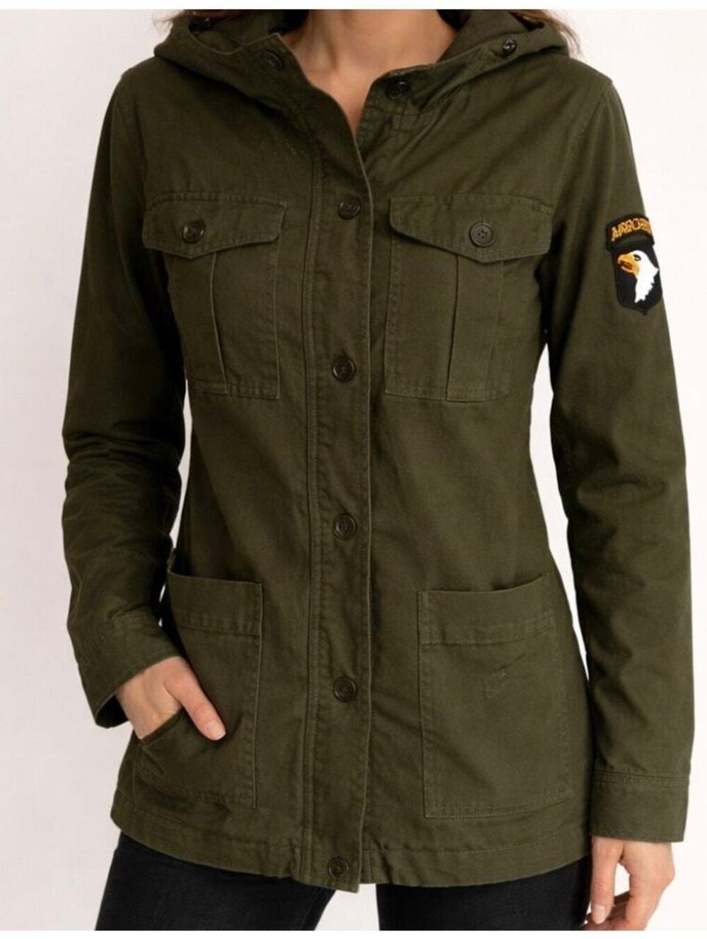 Forever 21 Hooded Military Jacket Khaki Utility Large Olive Green Women